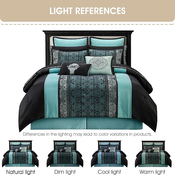 Grand Avenue Black & Teal Comforter Set King Size, Classic Jacquard Bedding Sets, Faux Silk, Premium Microfiber, 12 Pieces Bed in a Bag, Matching Fitted Sheet, Flat Sheet