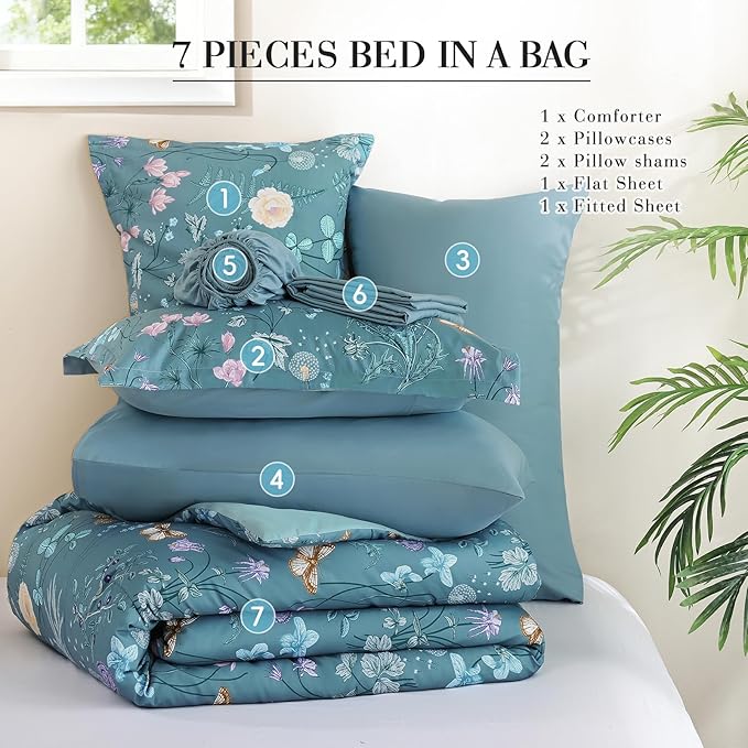 Yiran King Size Comforter Set, 7 Pieces Mineral Blue Floral Soft Bedding Sets, King Bed in a Bag Botanical Flowers All Season Comforter, Sheets, Pillowcases & Shams