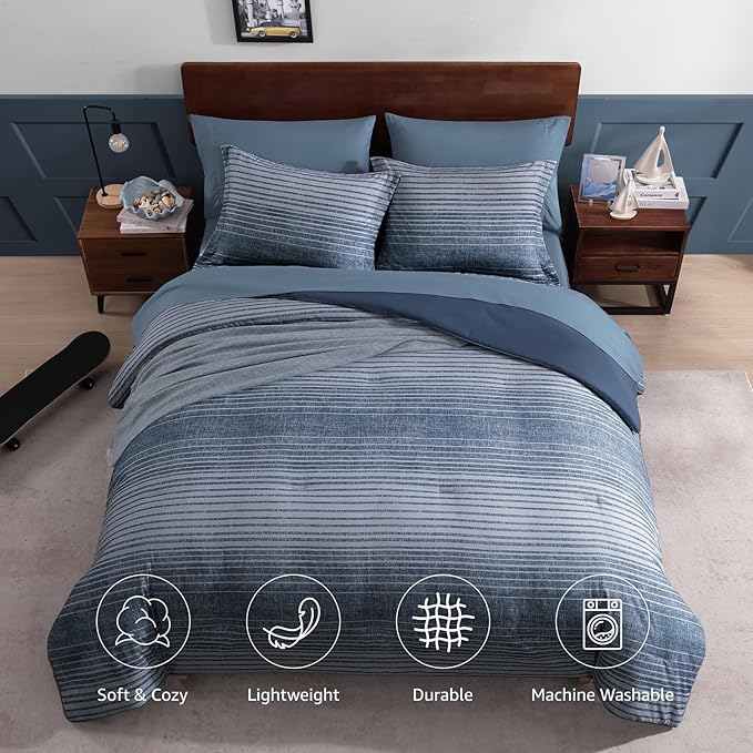 Twin XL Comforter Set Striped, Lake Blue Bedding Set 5 Pieces for Boys Girls Teen, All Season Bed in a Bag for Dorm with Sheets, Pillowcase & Sham
