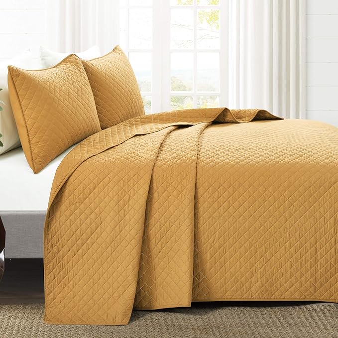 Lush Decor Ava Diamond Cotton Quilt California King Size 3 Piece Set King/California King Mustard - Yellow Bedding Set California King Quilt - Fall Quilts