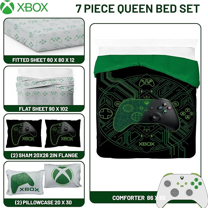 Jay Franco Kids Comforter Set Includes Sheets and Pillow Covers - Soft and Cozy Bed Set for Stylish Room Decor, Official Licensed Product, White - Xbox, 7 Piece Queen