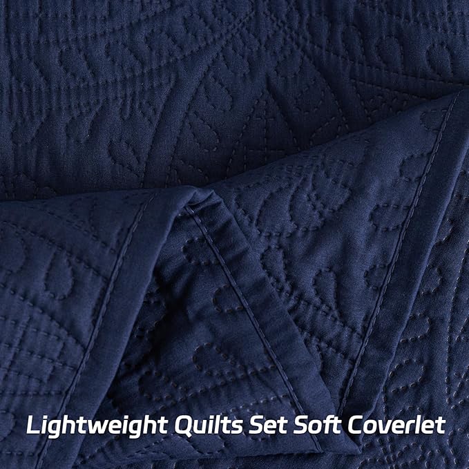 SheRest Full Quilt Bedding Set - Soft Breathable Bed Quilts, Modern Style Embossed Bedspreads, Lightweight Microfiber Reversible Coverlet for All Seasons, Navy Blue, 3 Pieces (1 Quilt,2 Pillow Shams)
