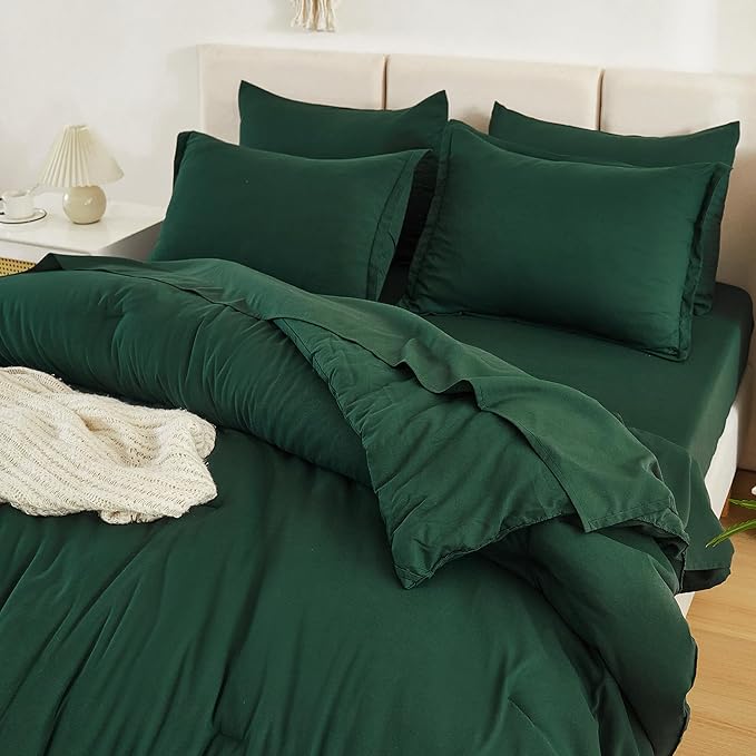 Litanika Full Size Comforter Sets Dark Emerald Green - 7 Pieces Bed in a Bag Full Bedding Comforter Sets, Solid Lightweight Bed Set with Comforter, Sheets, Pillowcases & Shams