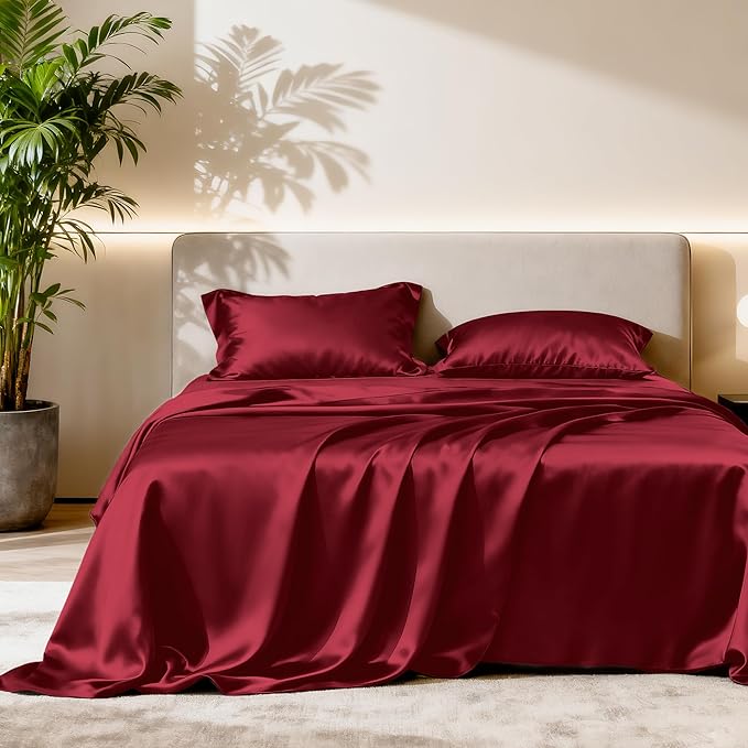 Love's cabin Satin Queen Sheets Set - 4 Piece Burgundy Silky Bed Sheets with Deep Pocket, Luxury Silk Feel Satin Queen Size Sheet Set (1 Flat Sheet,1 Fitted Sheet,2 Pillow Cases)