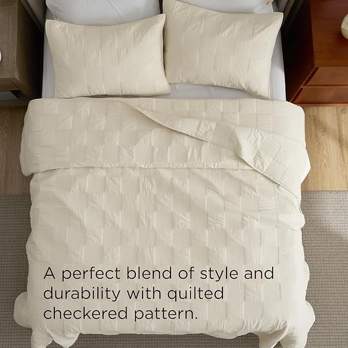 Bedsure 100% Cotton Quilt Set - Lightweight King Bedspread, Cozy Beige Bedding Coverlet 3-Piece with Pillow Shams in Checker Pattern for All Season, 106x96 inches, 100% Cotton Voile