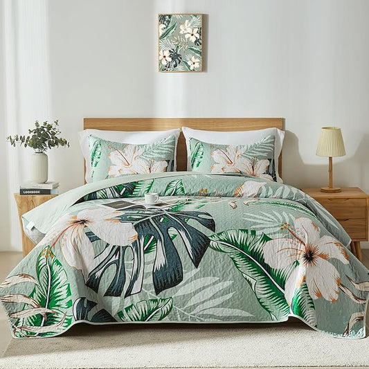 Yogeneg Queen Quilt Bedding Set,White Botanical Pattern Sage Green Full/Queen Quilt Set,3 Piece Lightweight Soft Summer Bedspread Coverlet with 2 PIillow Shams,All Season(Sage Green,90"x96")