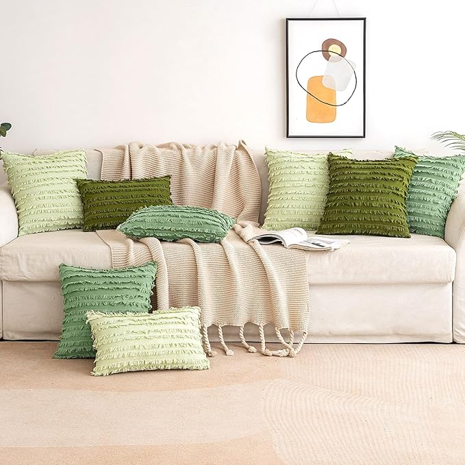 MIULEE Set of 2 Decorative Boho Throw Pillow Covers Spring Linen Striped Jacquard Pattern Cushion Covers for Spring Sofa Couch Living Room Bedroom 18x18 Inch Grass Green