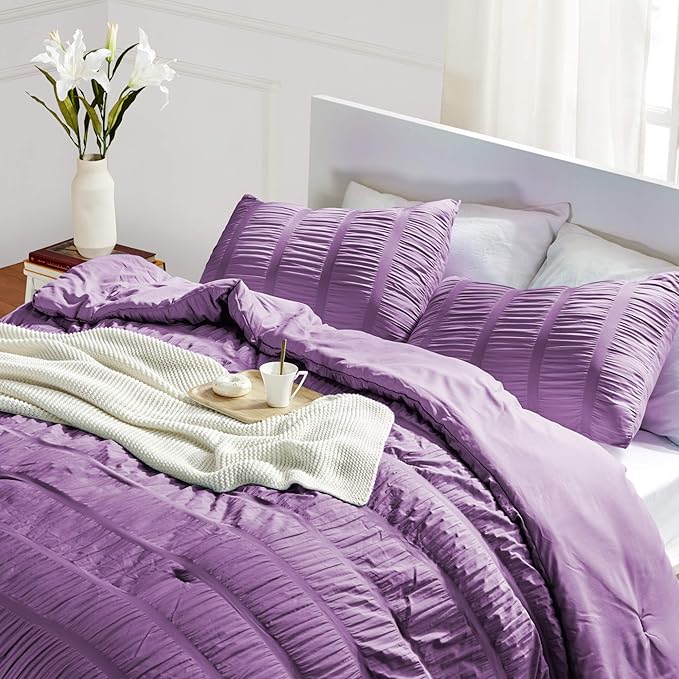 SLEEP ZONE Luxury Seersucker Queen Comforter Set 3-Piece, Soft & Lightweight Down Alternative Duvet Insert with Pillow Sham Cooling for Summer, Purple