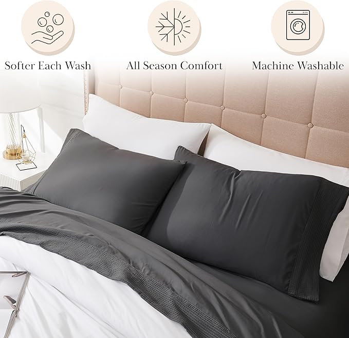 Southshore Fine Living, Inc. Vilano Pleats, 5-Piece, 21-Inch Extra Deep Pocket Sheet Set, Split-King Sheets with Flat Sheets and Pillowcase, Easy Care and Shrinkage-Free Deep Pocket Sheets, Slate