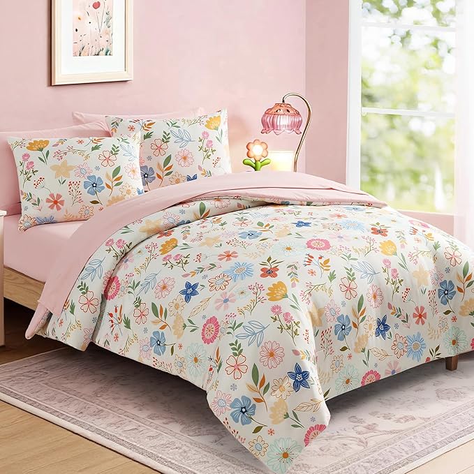 Twin Comforter Set for Girls Kids - 5 Pieces Pastel Garden Patterns Twin Bedding Sets for Girls Teen, Soft Cozy Bed in A Bag with Sheets
