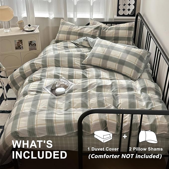 VM VOUGEMARKET Green Plaid Duvet Cover Sets Queen,3 Pieces Gingham Comforter Cover with Zipper Closure & Corner Ties for Men Boys Simple Modern Bedding Set (90"x90")