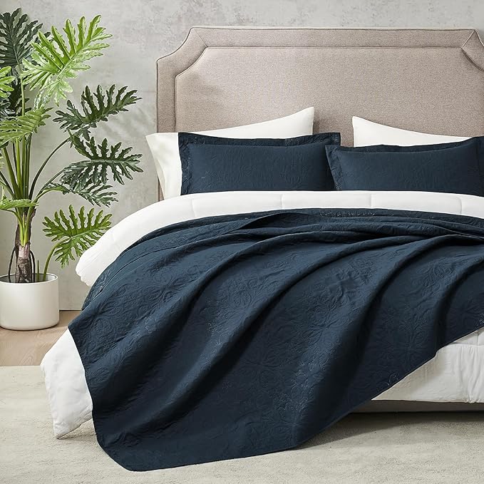 Hansleep Navy Quilt Twin Size - Baroque Ultrasonic All Season Bedspread Twin, Soft Lightweight Coverlet Bedding Set, 2 Piece (1 Quilt, 1 Pillow Shams)