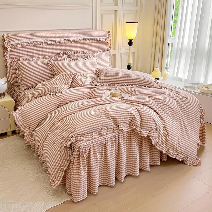 LifeTB Pink Gingham Comforter Set King 3 Pieces Ruffle Pink Plaid Comforter Set Fluffy Soft Grid Bedding Set Vintage Checkered Comforter with 2 Pillowcases Farmhouse Gingham Plaid Bedding Set King