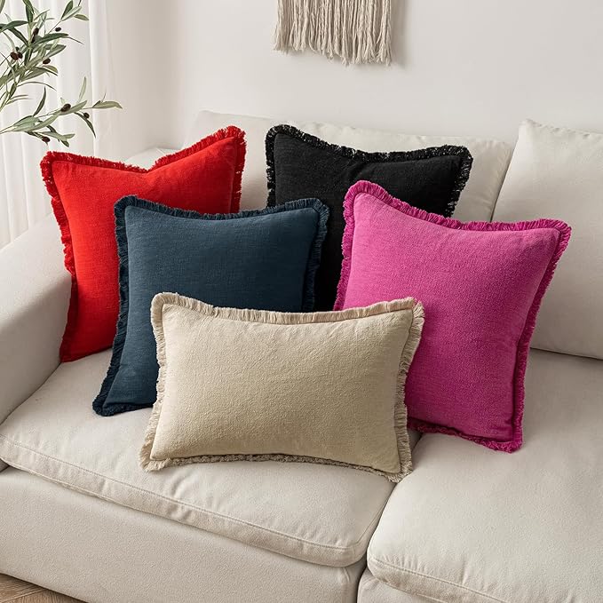MIULEE Decorative Throw Pillow Covers Neutral Linen Fringe Throw Pillows Euro Shams Set of 2 Red Boho Farmhouse Cushion Covers with Tassels for Couch Sofa Bed Living Room Decor 24x24 Inch