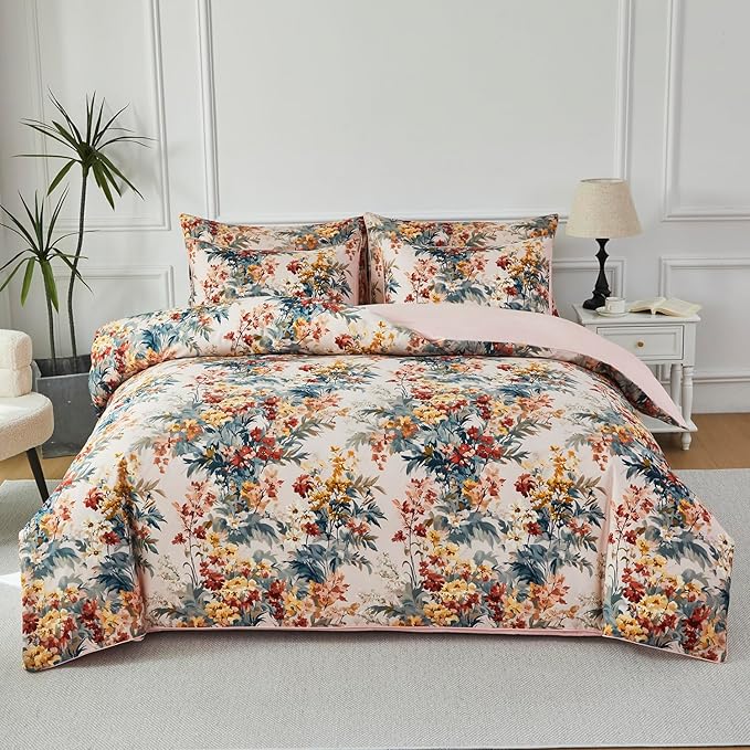 URBONUR Floral Duvet Cover Set King Size 3 Pieces 100% Cotton Silky Sateen Wildflowers Comforter Cover with 2 Pillowcases Soft & Breathable Bedding Sets