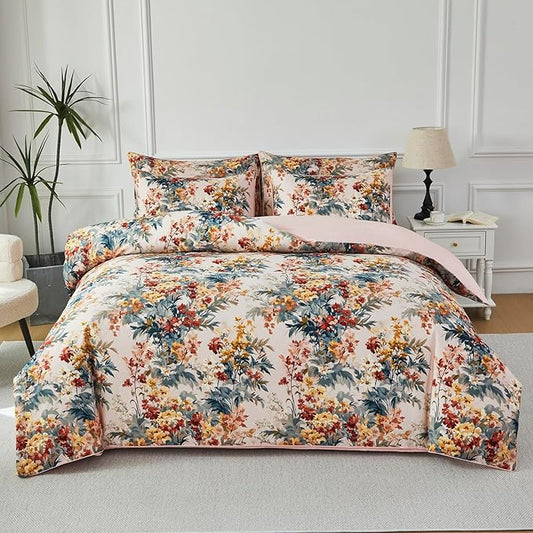 URBONUR Floral Duvet Cover Set King Size 3 Pieces 100% Cotton Silky Sateen Wildflowers Comforter Cover with 2 Pillowcases Soft & Breathable Bedding Sets