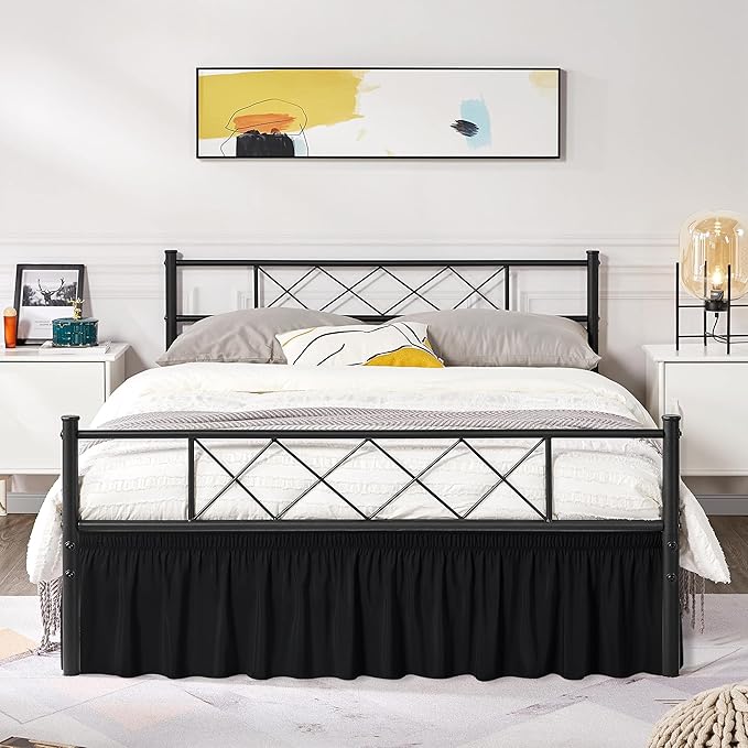 Biscaynebay Wrap Around Bed Skirts with Split Corners for Full Beds 14" Drop, Black Elastic Dust Ruffles Adjustable Easy Fit Wrinkle & Fade Resistant Silky Luxurious Fabric Machine Washable