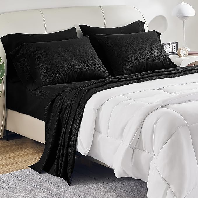 SLEEP ZONE Luxury Embossed Twin Bed Sheets Set for Kids, Black Honeycomb Pattern Sheet & Pillowcase Sets 3 Piece - Super Soft, Wrinkle Free, Fade Resistant, Deep Pocket 16" (Black, Twin)