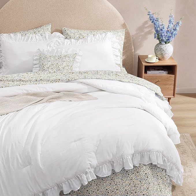 King Comforter Set - 7 Pieces Ruffle White Bedding Sets, Shabby Chic Farmhouse Bed in a Bag King with Ruffle Comforter, Floral Sheets, Pillowcases & Shams