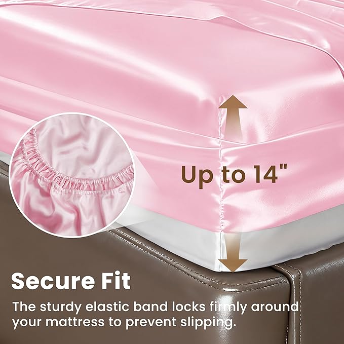 Love's cabin Twin XL Satin Sheet Sets - 3 Piece Pink Silky Bed Sheets with Deep Pockets, Luxury Silk Feel Satin Sheet Set Twin XL (1 Flat Sheet,1 Fitted Sheet,1 Pillow case)
