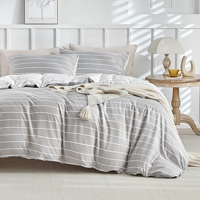 Lekesky Striped Duvet Cover Queen Size, Grey Striped Queen Duvet Cover Set, Soft Microfiber Queen Comforter Cover 3 Pieces Grey Bedding Sets with Zipper Ties & 2 Pillowcases 20"x26"