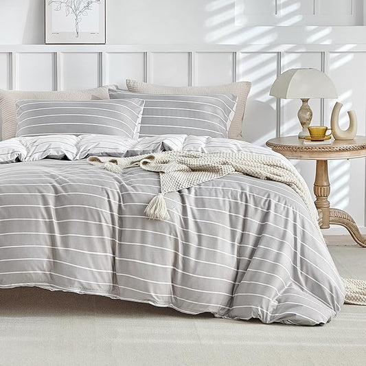 Lekesky Striped Duvet Cover Queen Size, Grey Striped Queen Duvet Cover Set, Soft Microfiber Queen Comforter Cover 3 Pieces Grey Bedding Sets with Zipper Ties & 2 Pillowcases 20"x26"
