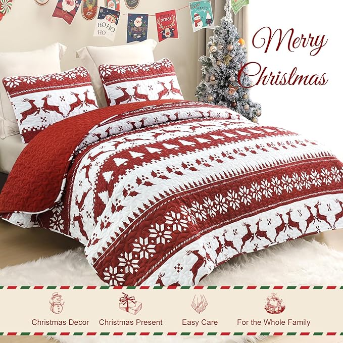 Exclusivo Mezcla Reversible Christmas Quilts Queen Size, Red Bedspread Lightweight Coverlet Winter Quilt Bedding Set with Printed Striped Reindeer Snowflakes Pattern (1 Quilt, 2 Pillow Shams)