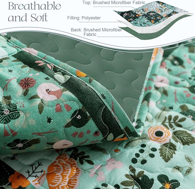 Exclusivo Mezcla Reversible Boho Quilts King Size, Green Bedspreads Lightweight Coverlet All Season Patchwork Quilt Bedding Set with Printed Floral Pattern (1 Quilt, 2 Pillow Shams)