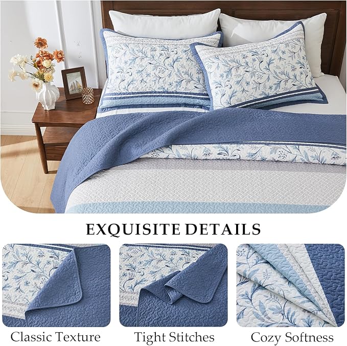 Oversized King Bedspread 128"x120" - 100% Cotton Lightweight All-Season Quilted Coverlet with Floral Striped Design - French Country & Farmhouse Bedding - Oversized King Plus Quilt in Blue