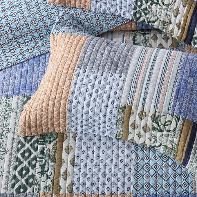Autumn Dream Cotton Bedspread Quilt Sets Reversible Bedding Coverlet Sets Comforter, Vintage Floral Paisley Patchwork Bohemian Blue Bedspread, King Size | Breathable material, Reversible, Handmade patchwork, Soft durable, Jacquard stitching, Machine wa...