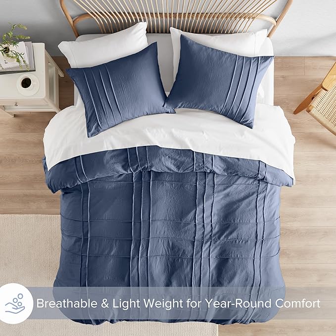 Comfort Spaces Navy Queen Duvet Cover Set - 3-pc Pintuck Pleated, All Season Lightweight, Extra Soft Pre-Washed Microfiber Bed Cover Shams