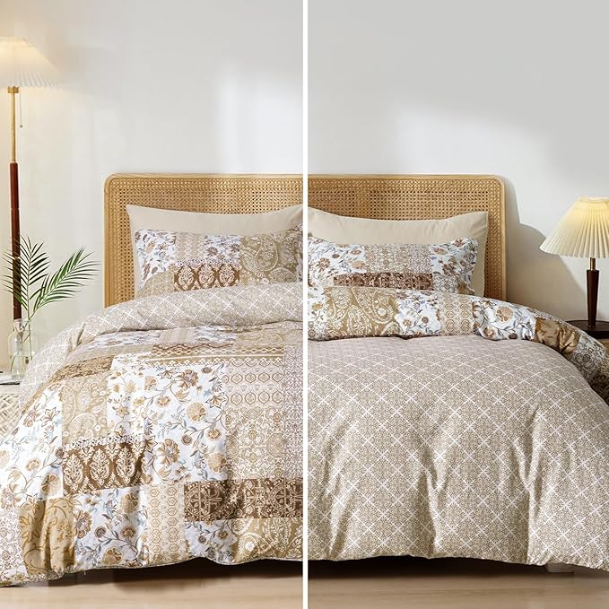 PHF Ultra Soft Floral Duvet Cover Twin Size, Printed boho Bedding Set 2 Pieces, Comfy Farmhouse Reversible Paisley Pattern Duvet Cover Set with 1 Pillow Shams, Zipper Closure and 6 Ties, 68"x90",Brown