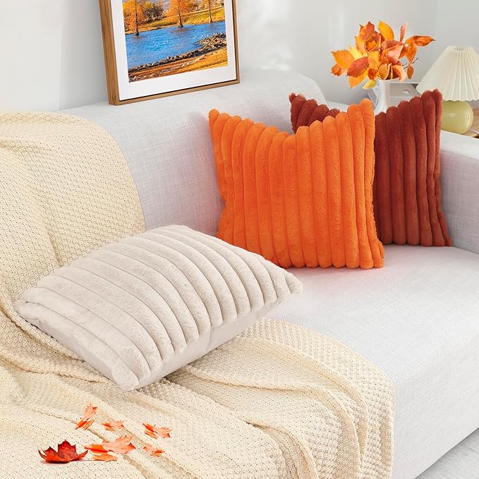 decorUhome Cozy Faux Fur Spring Throw Pillow Covers 16x16 Set of 2 Decorative Soft Plush Striped Modern Farmhouse Boho Couch Pillow Cases with Velvet Back for Sofa Bed Living Room, Rust