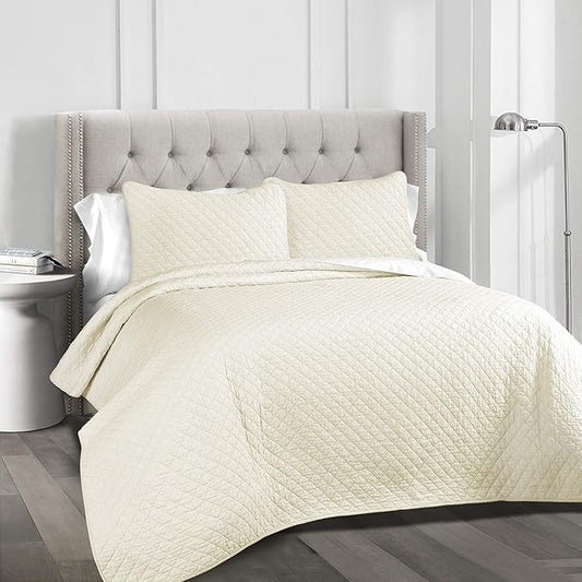 Lush Decor Ava Quilt Diamond Pattern Solid 3 Piece Oversized Bedding Blanket Bedspread Set - Full/Queen - Ivory