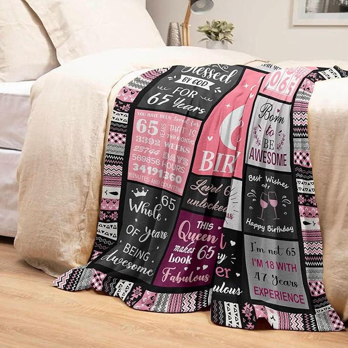 65th Birthday Gifts for Women Throw Blanket 60”x50”, Happy 65th Birthday Decorations for Women, 1961 Bday Gift for 65 Year Old Woman Mom Grandma Friend