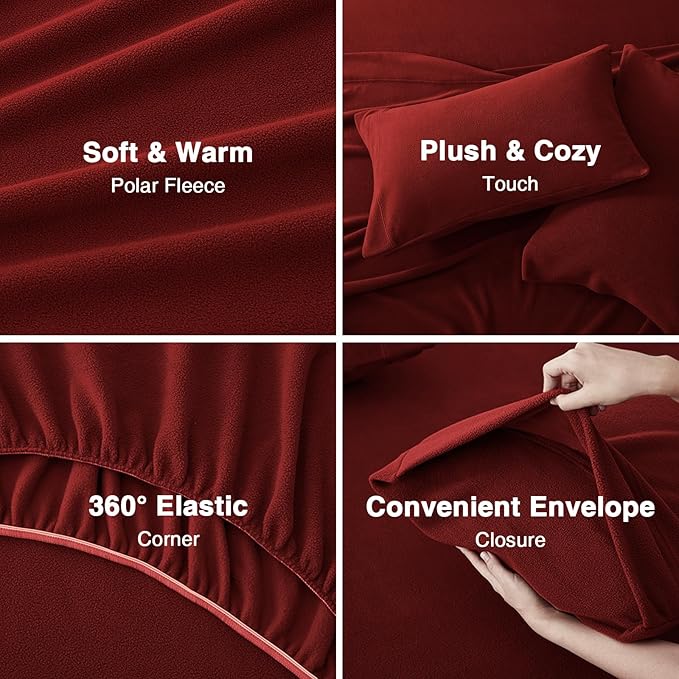 Love's cabin Fleece Full Sheet Set - 4 Pcs Red Super Soft Plush Polar Fleece Bed Sheets Set with 16" Deep Pocket,Cozy Warmth for Cold Season(1 Flat Sheet,1 Fitted Sheet,2 Pillow Cases)