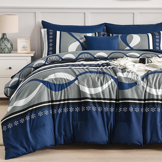 Anibedding Navy Blue Comforter Set Queen Size,8 Pieces Boho Bed in a Bag Patchwork Striped Comforter Set, Soft Microfiber Bedding Set for All Season(90"×90")