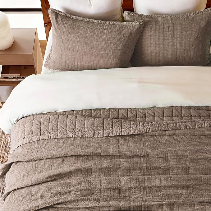 EVERGRACEHOME Stonewashed Cotton Quilt Set Full Queen Size, Ultra Soft Oversized Bedspread Coverlet Set, Lightweight Crinkle Box Stitch Bedding Sets for All Season, with 2 Shams, Mocha Brown