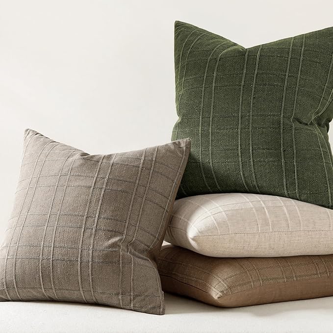 MIULEE Decorative Linen Check Euro Shams Throw Pillow Covers Neutral Farmhouse Vintage Spring Pillow Covers 24x24 Set of 2 Boho Modern Home Decor for Sofa Couch Bedroom Cushion Dark Olive Green