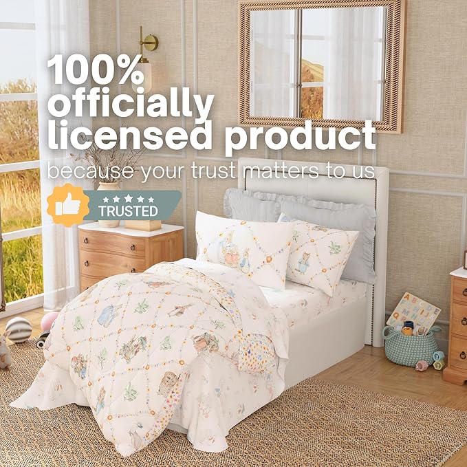 Peter Rabbit Book Bedding Set, Twin Size 5-Piece Super Soft Fluffy Reversible Comforter & Sheet Set with Sham, Storybook Friends Easter & Spring, (100% Officially Licensed Product) by Franco Heritage
