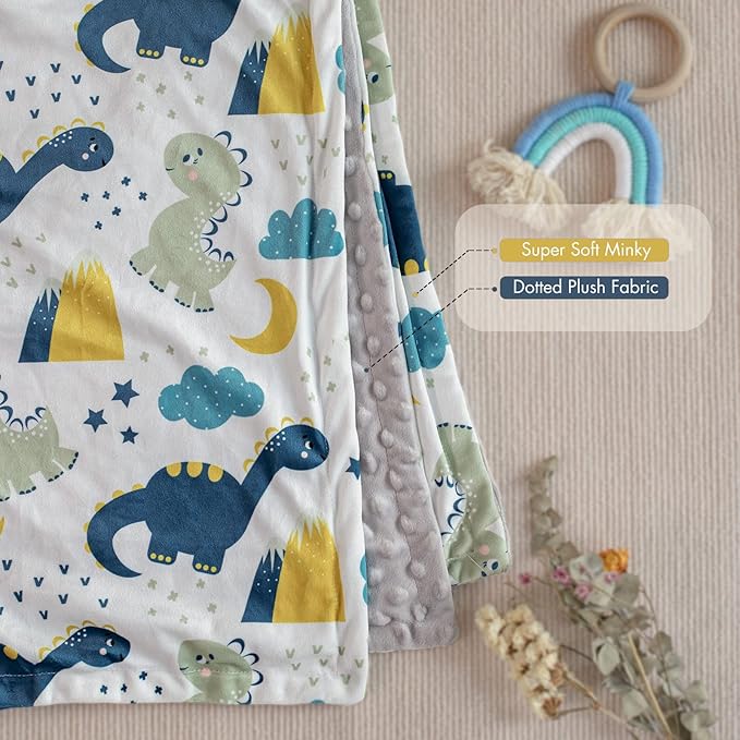 Baby Blankets for Boys, Dinosaur Super Soft Nursery Minky Blanket for Newborn Baby, Double Layer with Dotted Backing, Essentials Receiving Bed Throw Blanket Stroller Crib Shower Gifts, 30 x 40 Inch