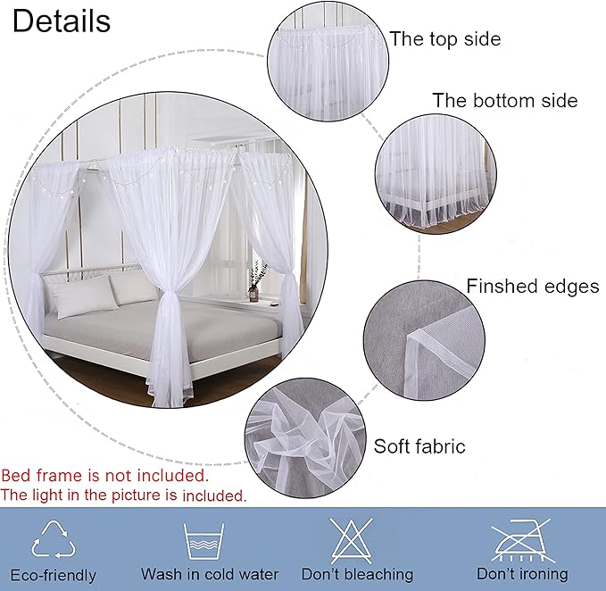 Akiky Princess Canopy Bed Curtains Set Sheer Curtain for Twin Full Queen Size Bed Drapes,8 Panels Canopies with Light,Room Décor(Twin, White)