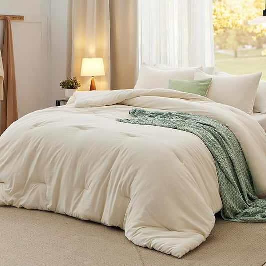 Bedsure Oversized Queen Comforter Set, Cream Soft Prewashed Bedding for All Seasons, 3 Pieces GentleSoft™ Bed Set, 1 Lightweight Comforter (98"x98") and 2 Pillowcases (20"x26")