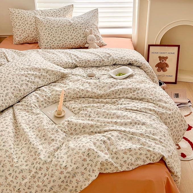 HighBuy Boho Cotton Floral Duvet Cover Twin White Coquette Bedding Comforter Quilt Duvet Covers with Pink Floral,Garden Floral Bedding Set Twin Lightweight Soft Cottagecore Duvet Cover Sets Cute