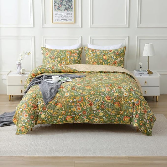 ABREEZE Paisley Bedding Sets 3Pcs Brushed Cotton Duvet Cover Set King Size Rustic Damask Green Floral Comforter Cover with Zipper Closure Boho Bedding Collections