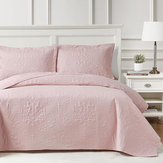 Hansleep Pink Quilt King Size - Damask Ultrasonic All Season Bedspread King, Soft Lightweight Coverlet Bedding Set, 3 Piece (1 Quilt, 2 Pillow Shams)