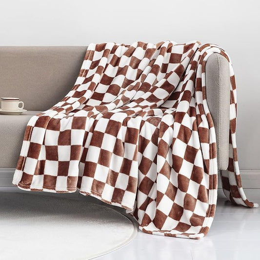 LOMAO Throw Blankets Flannel Blanket with Checkerboard Grid Pattern Soft Throw Blanket for Couch, Bed, Sofa Luxurious Warm and Cozy for All Seasons (Coffee, 60"x80")