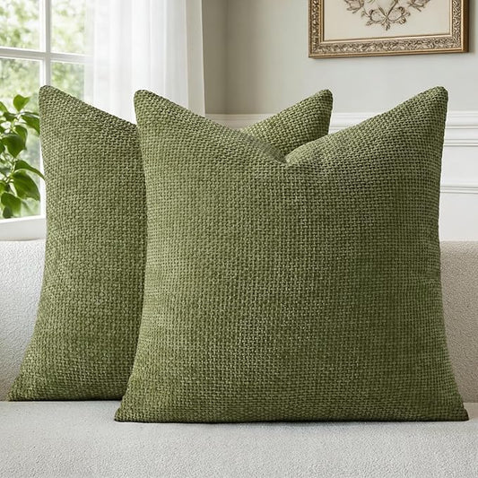 a moment Olive Green Chenille Throw Pillow Covers 20x20 Inch Pack of 2 Modern Decorative Throw Pillow Covers Farmhouse Cross Covers Home Decor for Sofa Bedroom Living Room