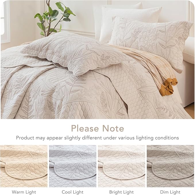 Lady Ann Oversized King Quilt Set 128x120, 3Pcs Botanical Leaves Print Bedspread Sets, Soft Lightweight Extra Large Wheat Coverlet, All-Season Bedding Comforter