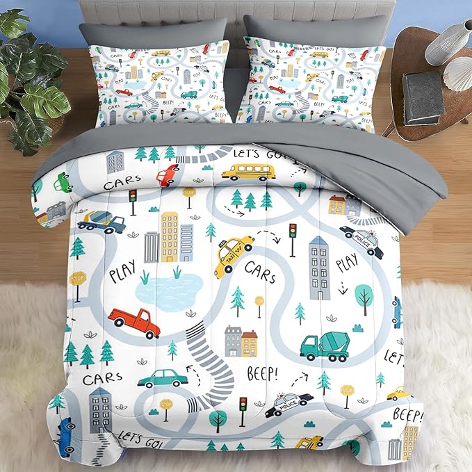 Comforter Set Full Size, Cute Car City 7 Pcs Bedding for Kids and Adults, Cartoon Tree Truck Bed Sheet Sets with Fitted Sheet 2 Pillowcases & 2 Shams for Bedroom Bed Decor